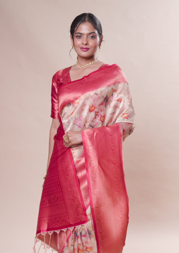 Beige Printed Soft Silk Saree