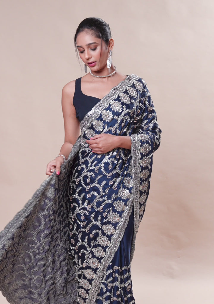 Navy Blue Zariwork Georgette Saree