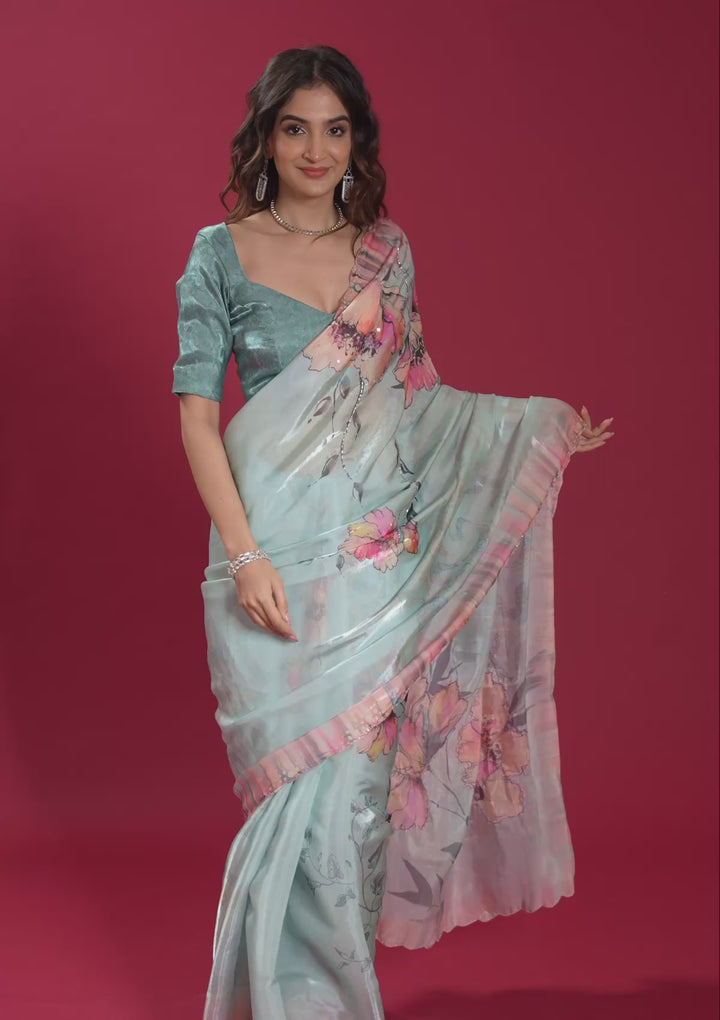 Sky Blue Printed Tissue Saree