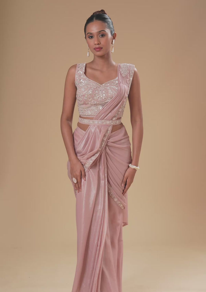 Peach Sequins Chiffon Readymade  Saree