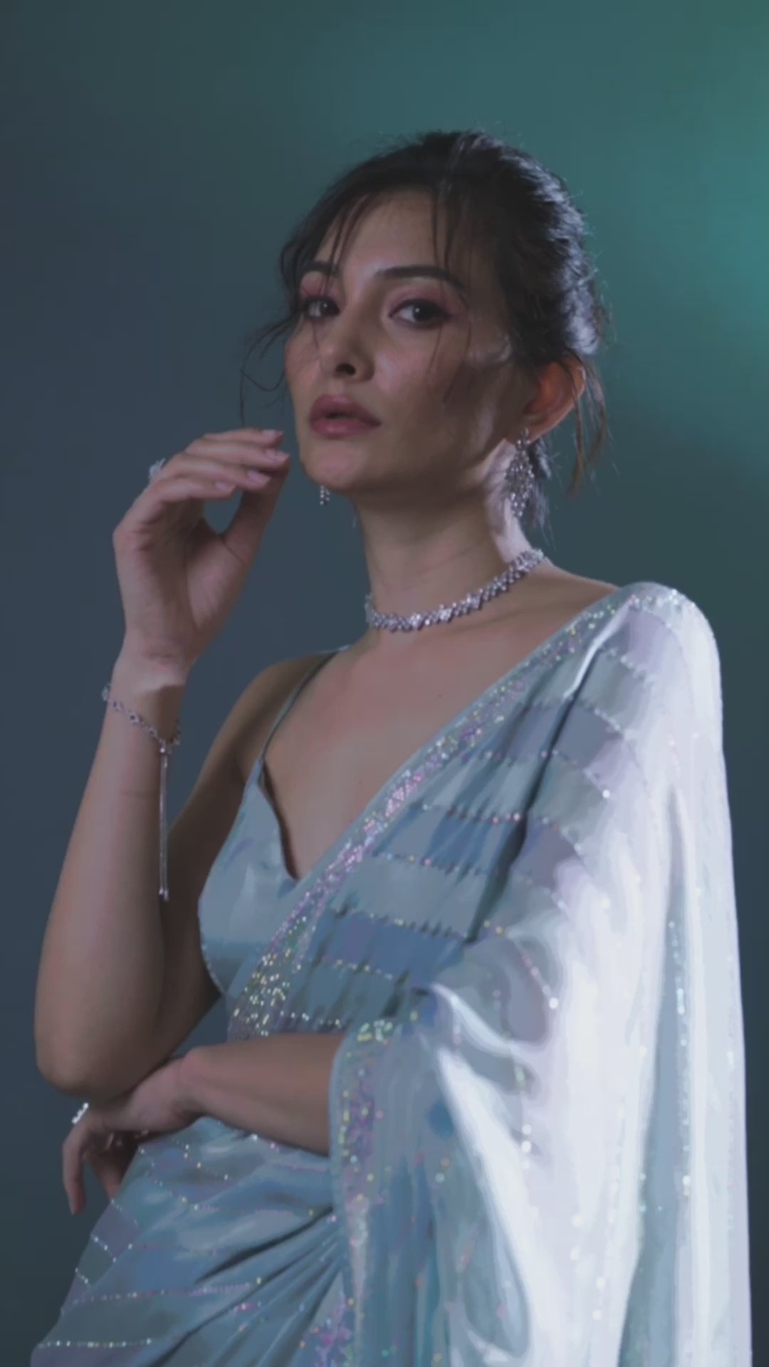 Sky Blue Swarovski Semi Crepe Designer Saree