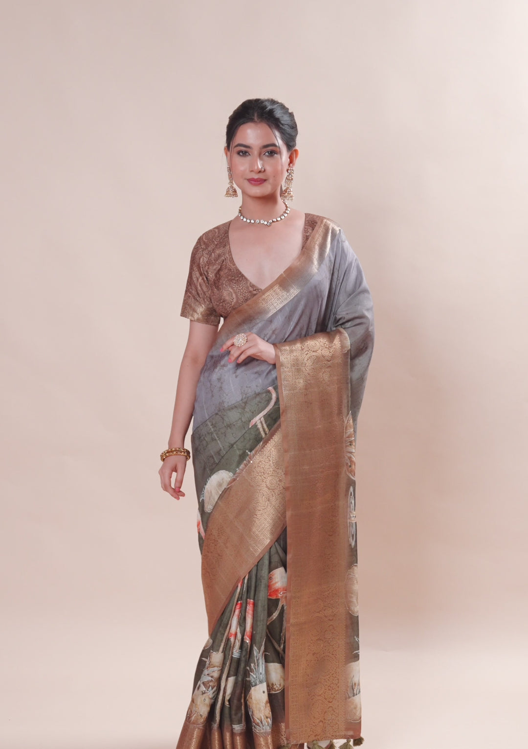 Mehendi Printed Art Silk Saree