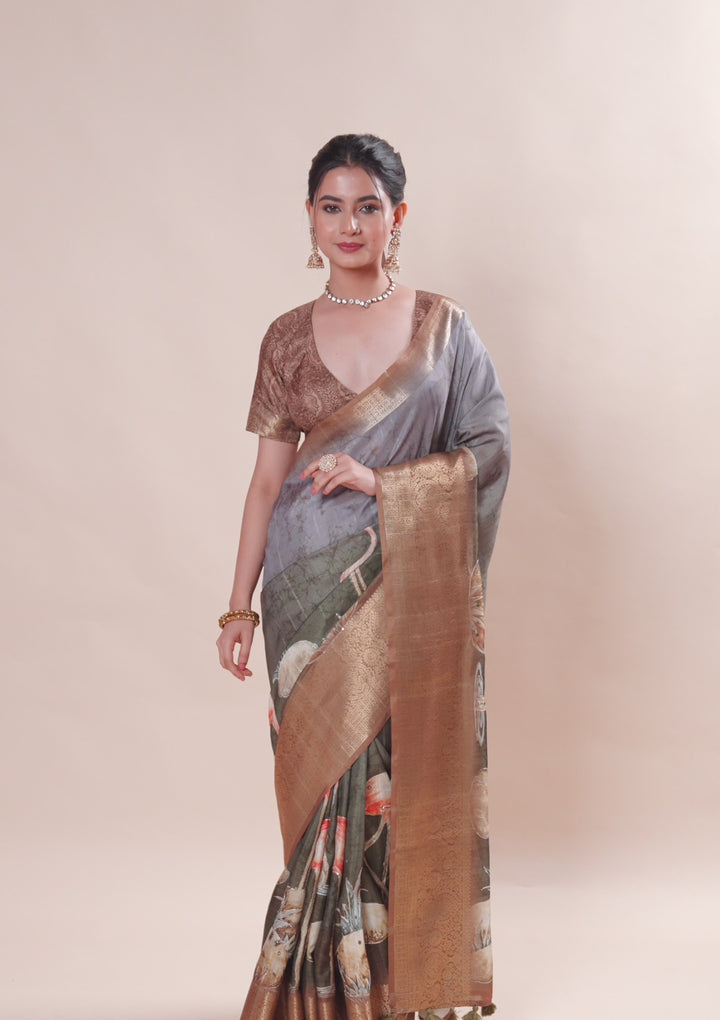 Mehendi Printed Art Silk Saree