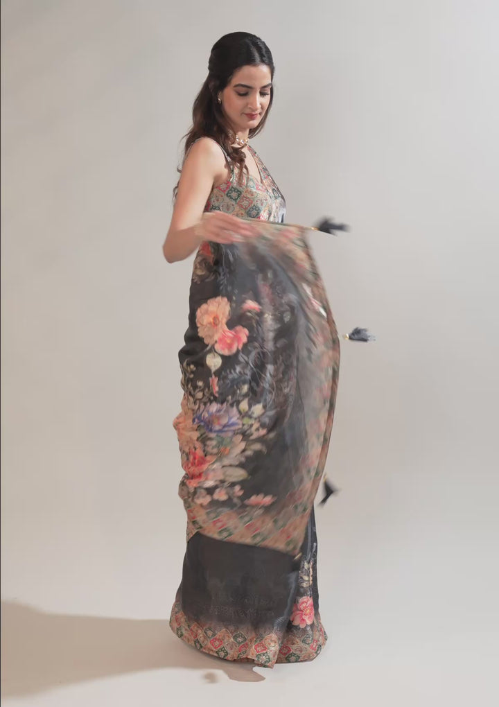 Grey Printed Tissue Saree