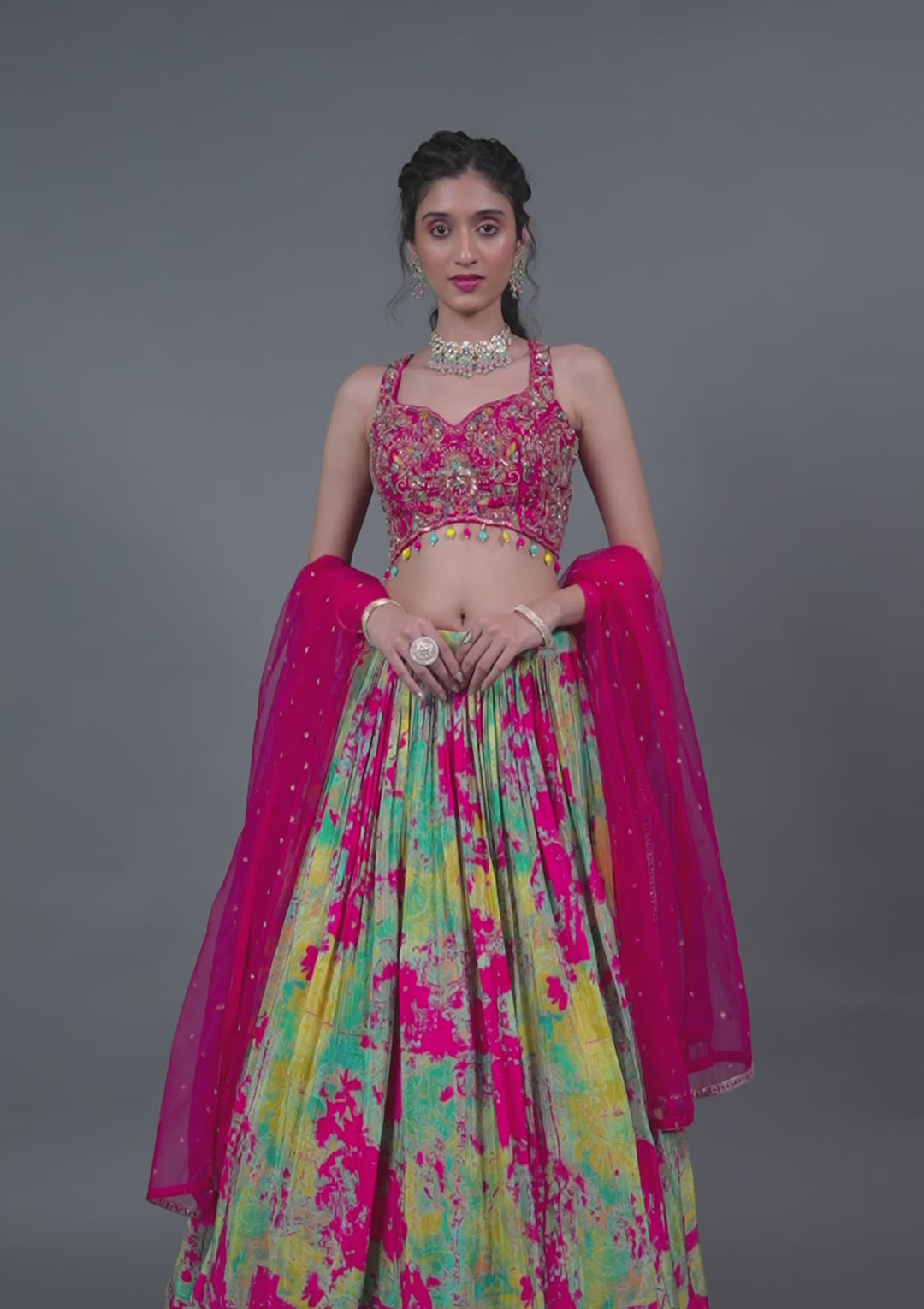 Rani Pink Threadwork Georgette Readymade Lehenga