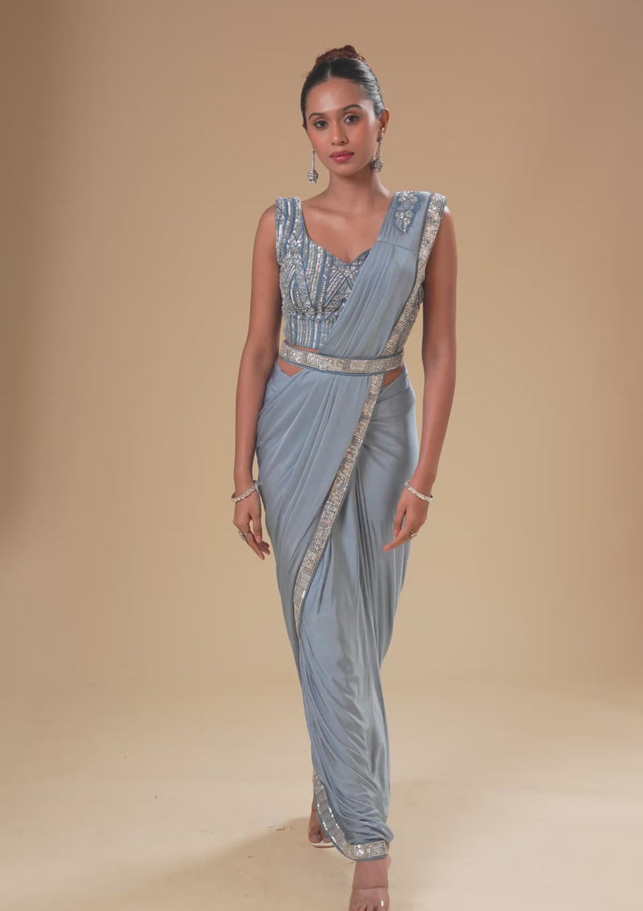 Grey Sequins Satin Readymade Saree