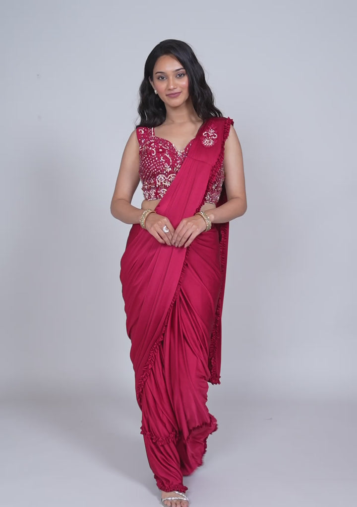 Maroon Stonework Lycra Readymade Saree