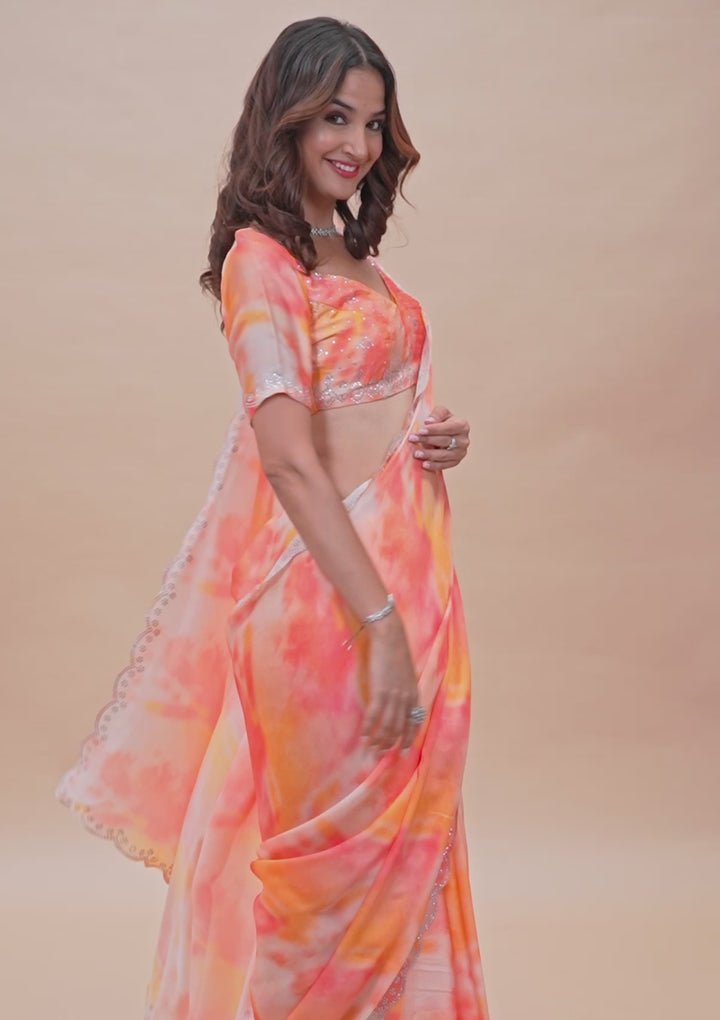 Peach Printed Satin Saree