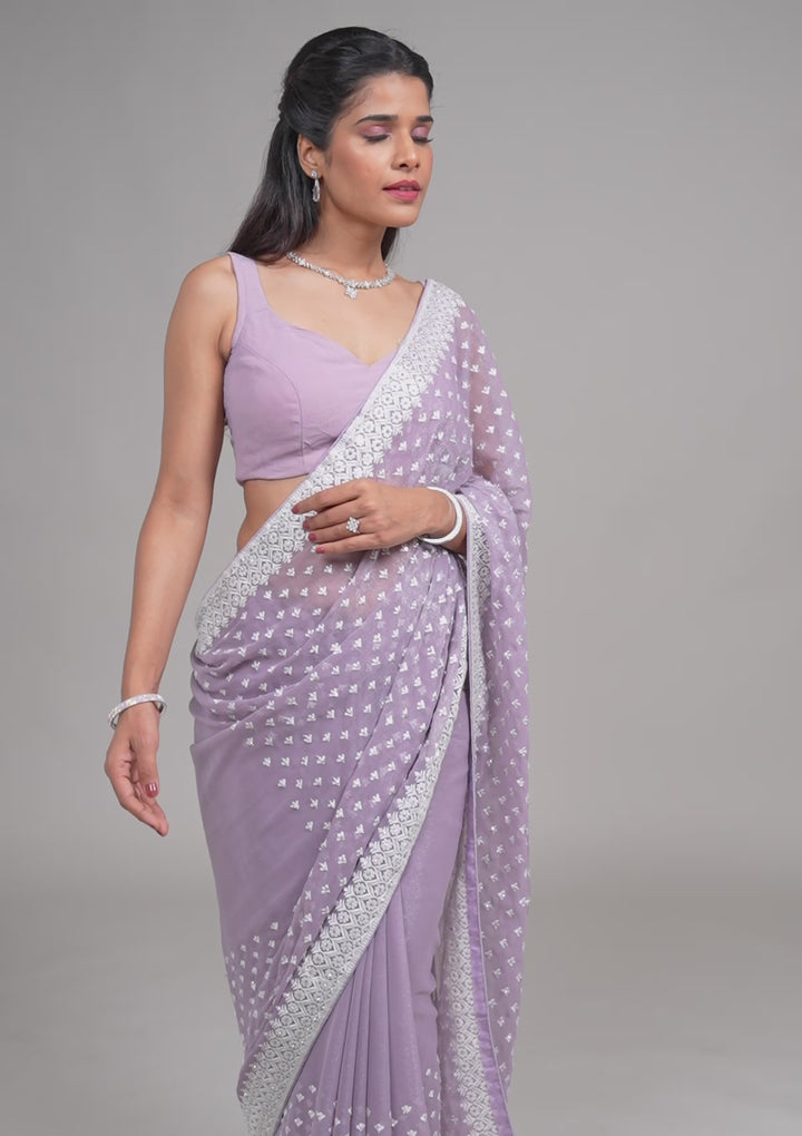 Lavender Threadwork Georgette Saree