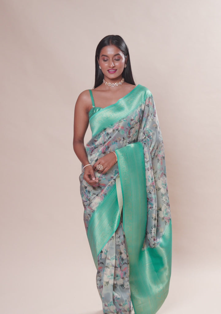 Grey Printed Soft Silk Saree