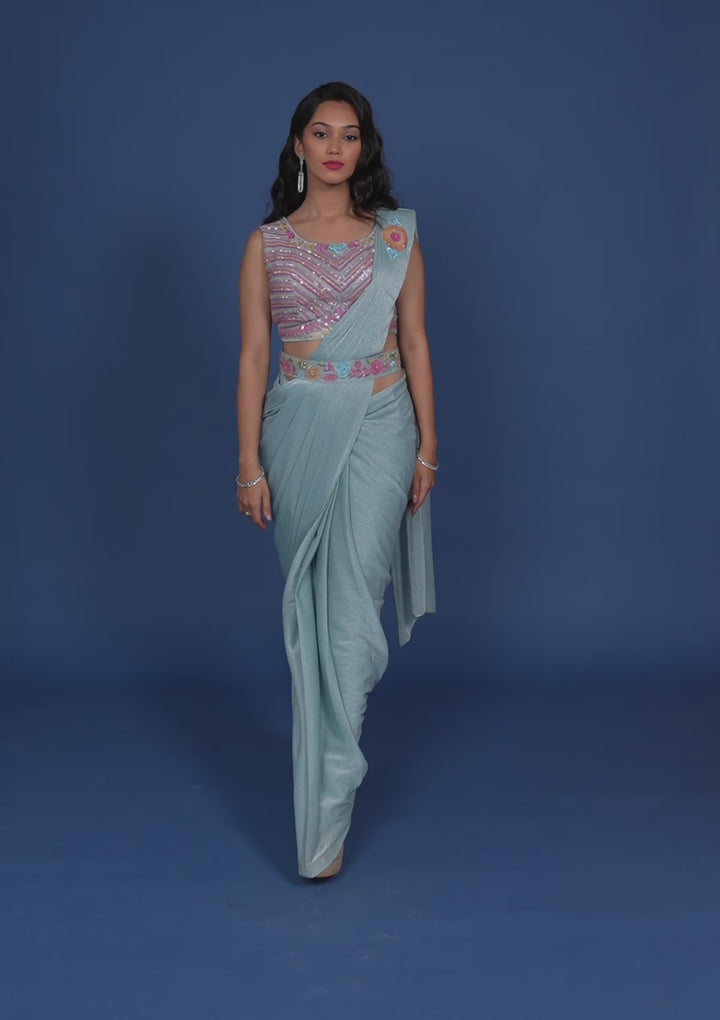 Sky Blue Threadwork Lycra Readymade Saree