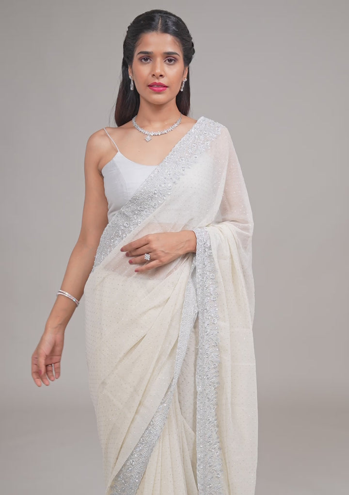 Beige Threadwork Georgette Saree