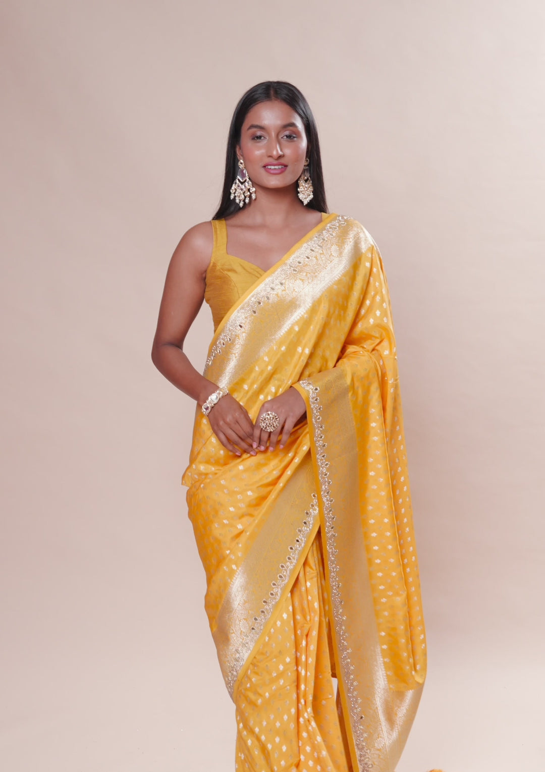 Yellow Stonework Banarasi Silk Saree