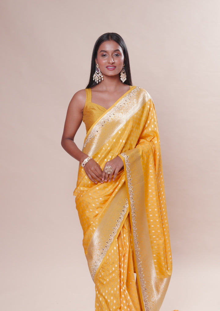 Yellow Stonework Banarasi Silk Saree