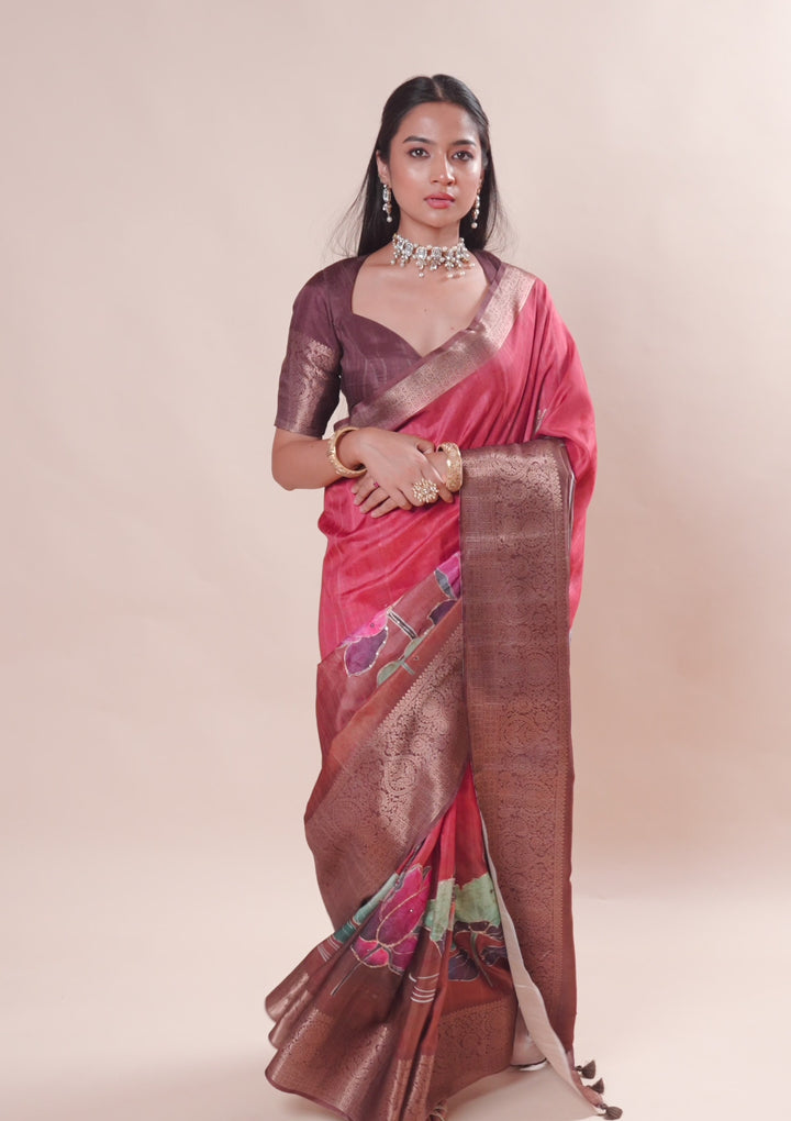 Rust Printed Art Silk Saree