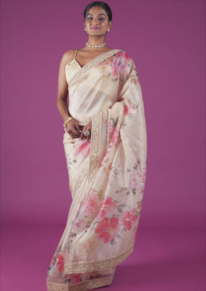 Beige Printed Georgette Saree