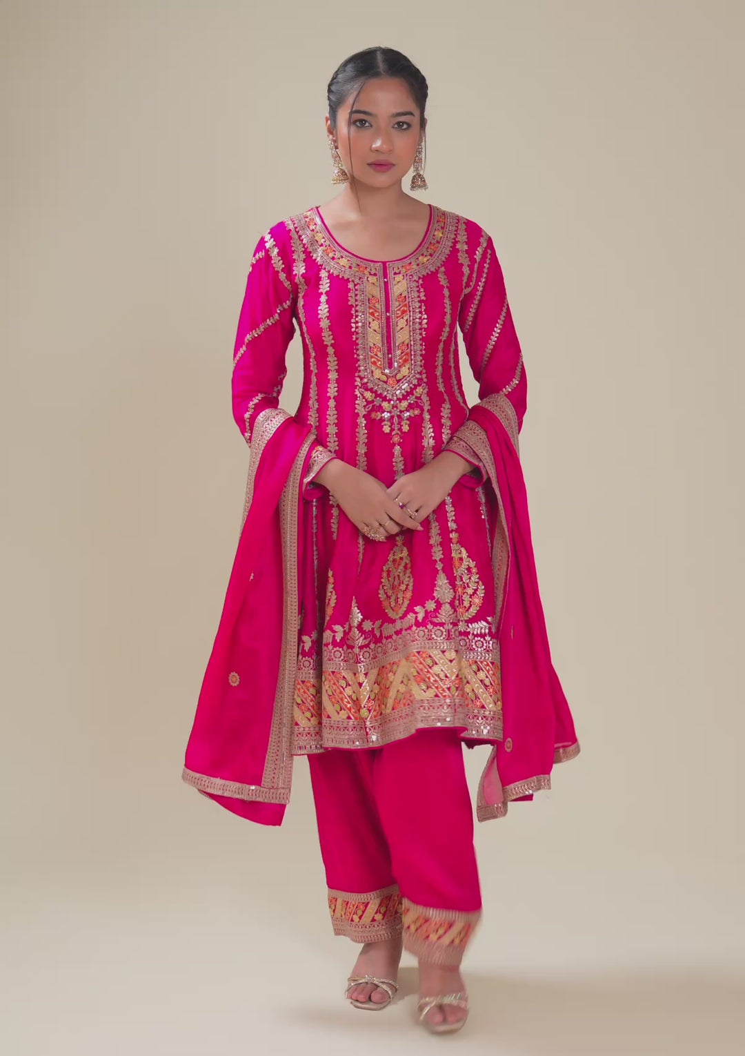 Rani Pink Zariwork Tissue Readymade Salwar Suit