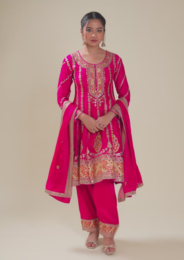 Rani Pink Zariwork Tissue Readymade Salwar Suit