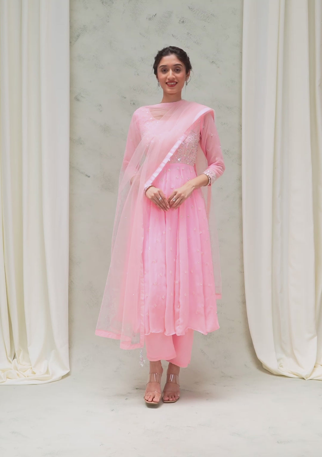 Baby Pink Threadwork Georgette Readymade Salwar Suit
