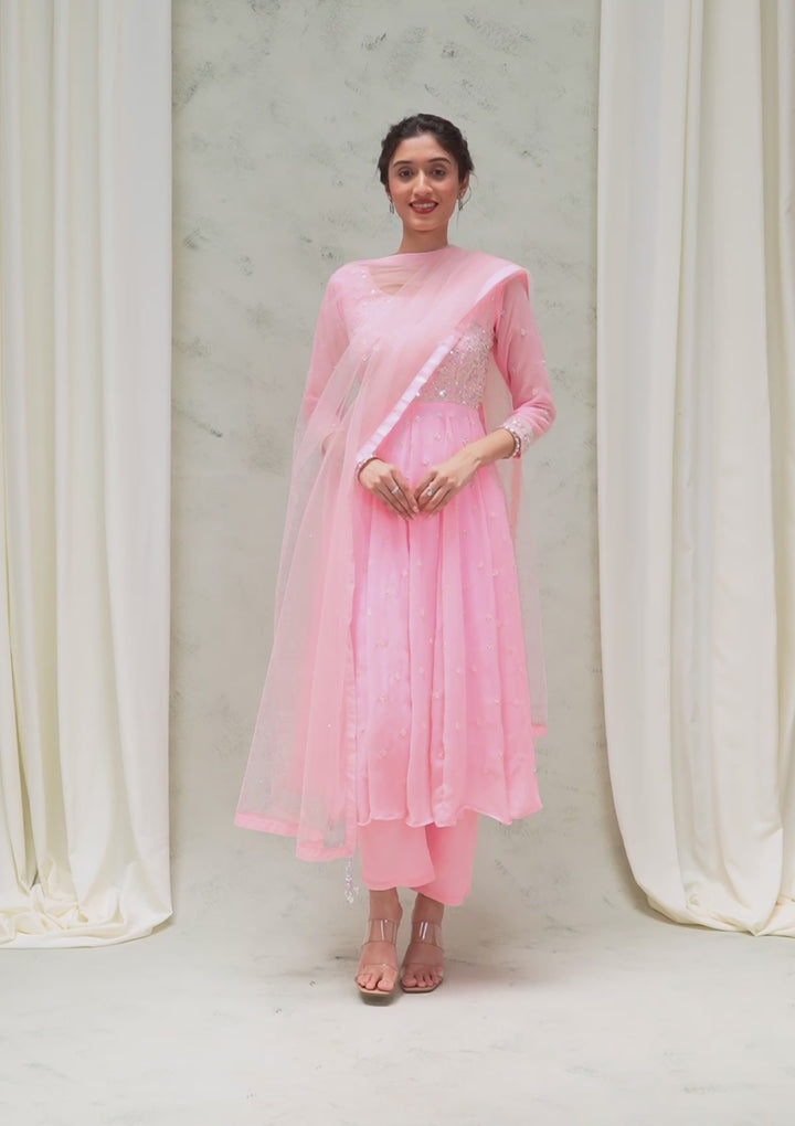 Baby Pink Threadwork Georgette Readymade Salwar Suit