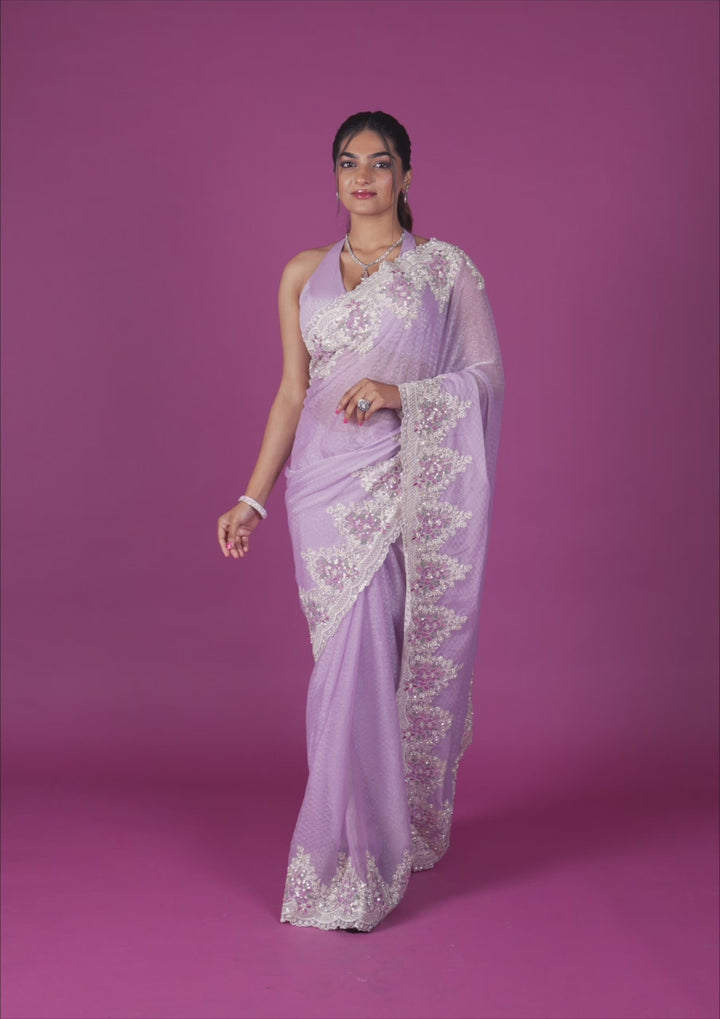 Lavender Threadwork Georgette Saree