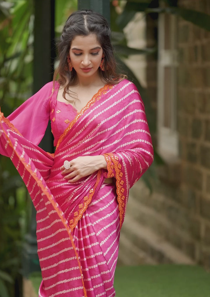 Rani Pink Bandhani Satin Designer Saree