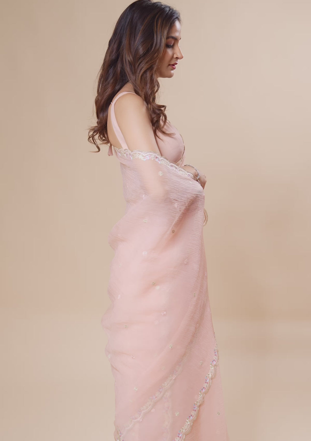 Peach Threadwork Chiffon Saree