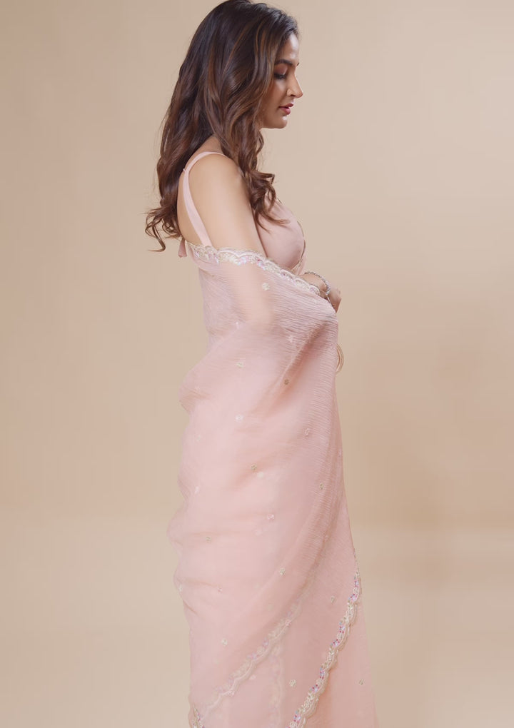 Peach Threadwork Chiffon Saree