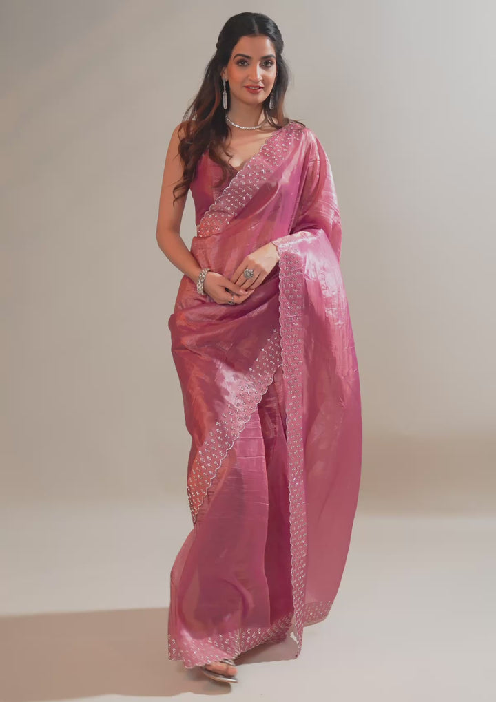 Onion Pink Swarovski Tissue Saree