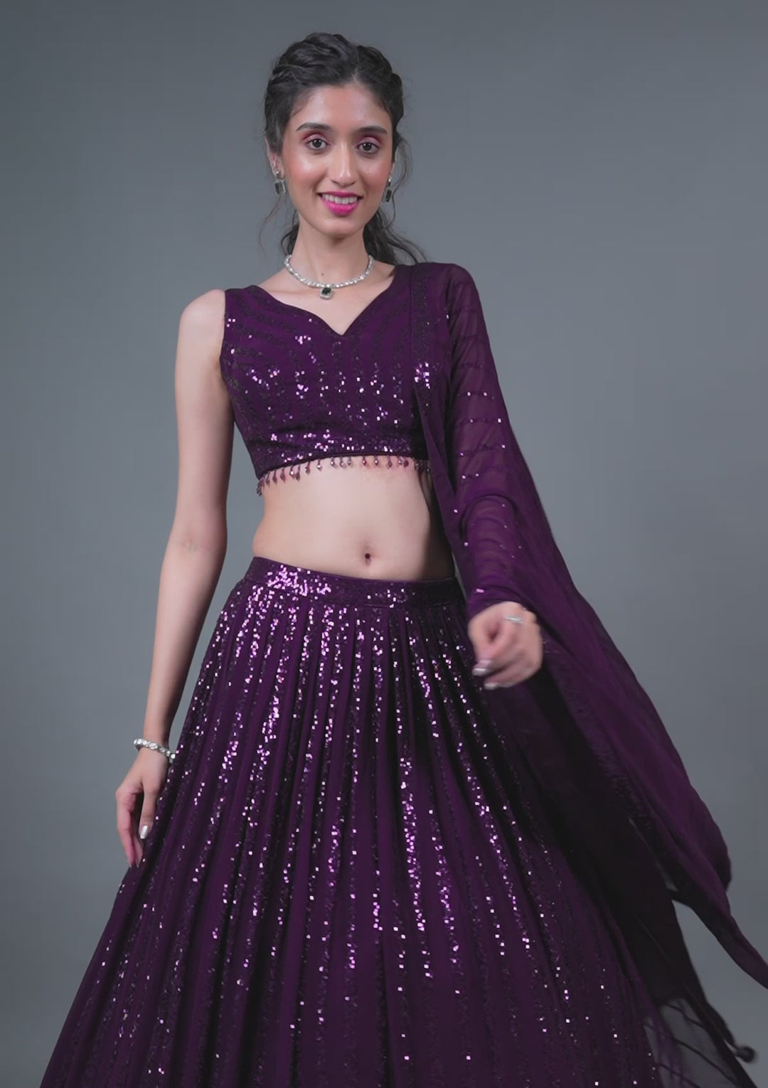 Wine Sequins Georgette Readymade Lehenga
