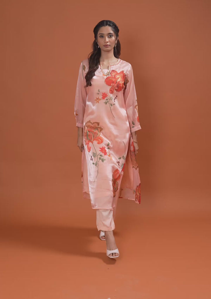Peach Printed Tissue Readymade Salwar Suit