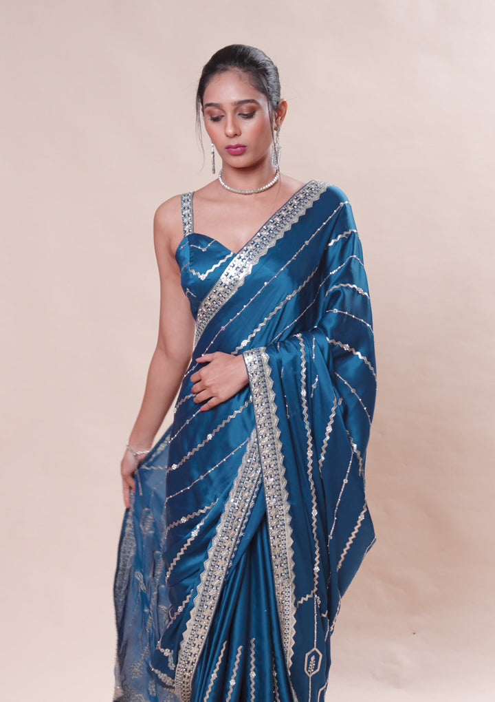 Peacock Blue Zariwork Satin Saree