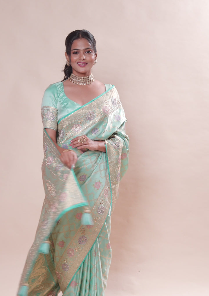 Sea Green Stonework Soft Silk Saree