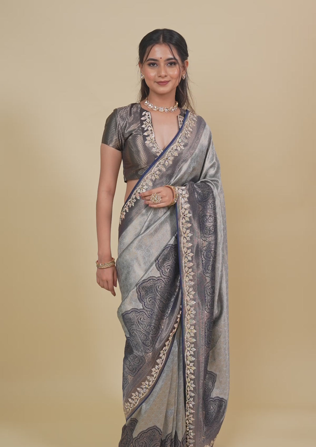 Navy Blue Stonework Soft Silk Saree