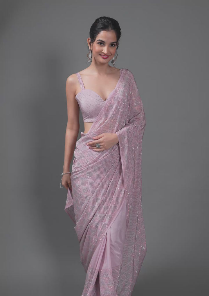 Baby Pink Stonework Satin Saree