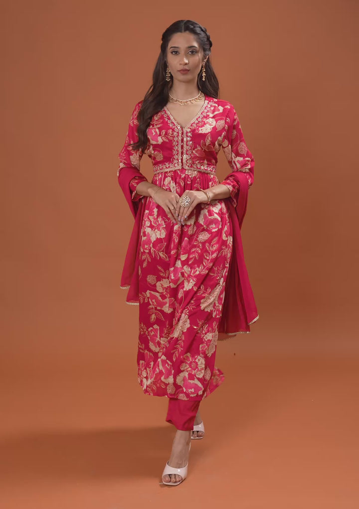 Red Printed Semi Crepe Readymade Salwar Suit