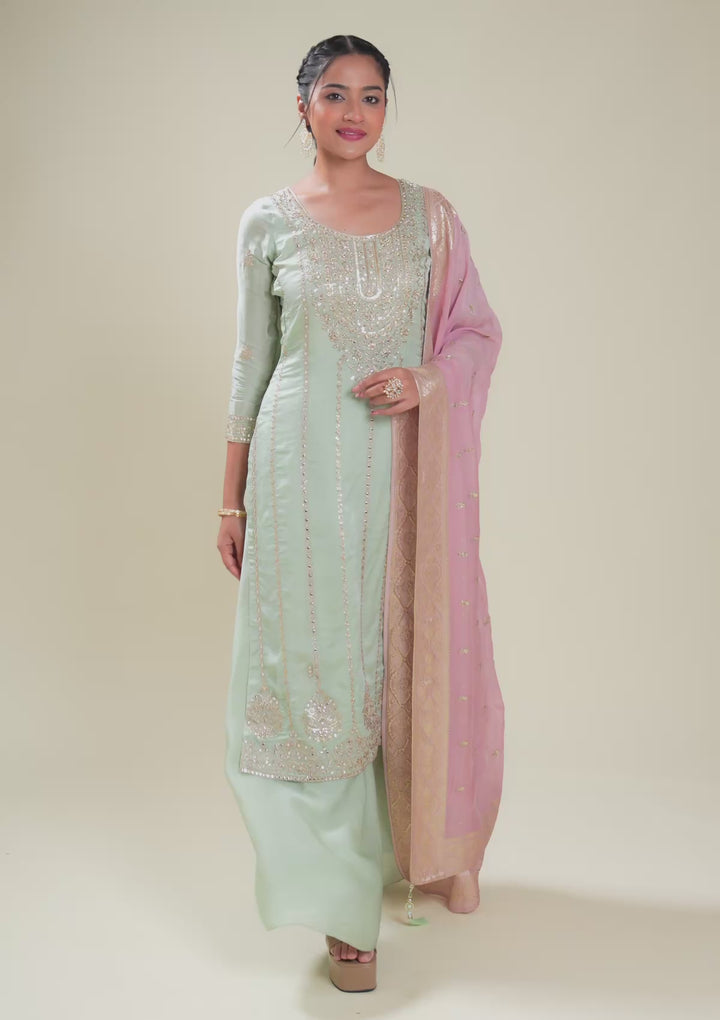 Sea Green Zariwork Semi Crepe Readymade Salwar Suit