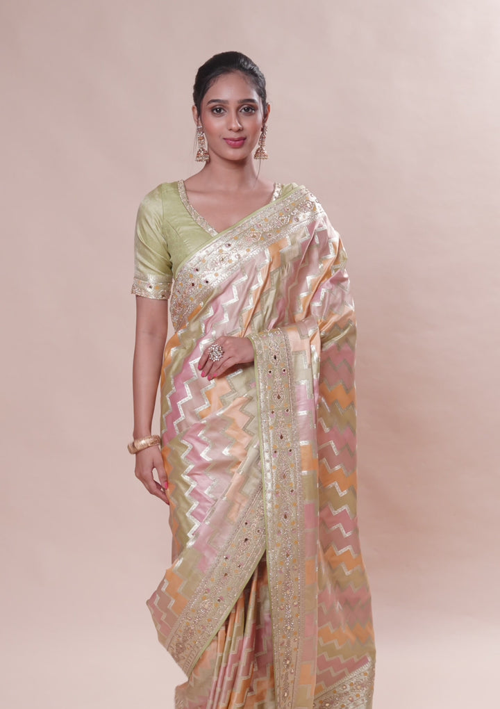 Pista Green Stonework Soft Silk Saree