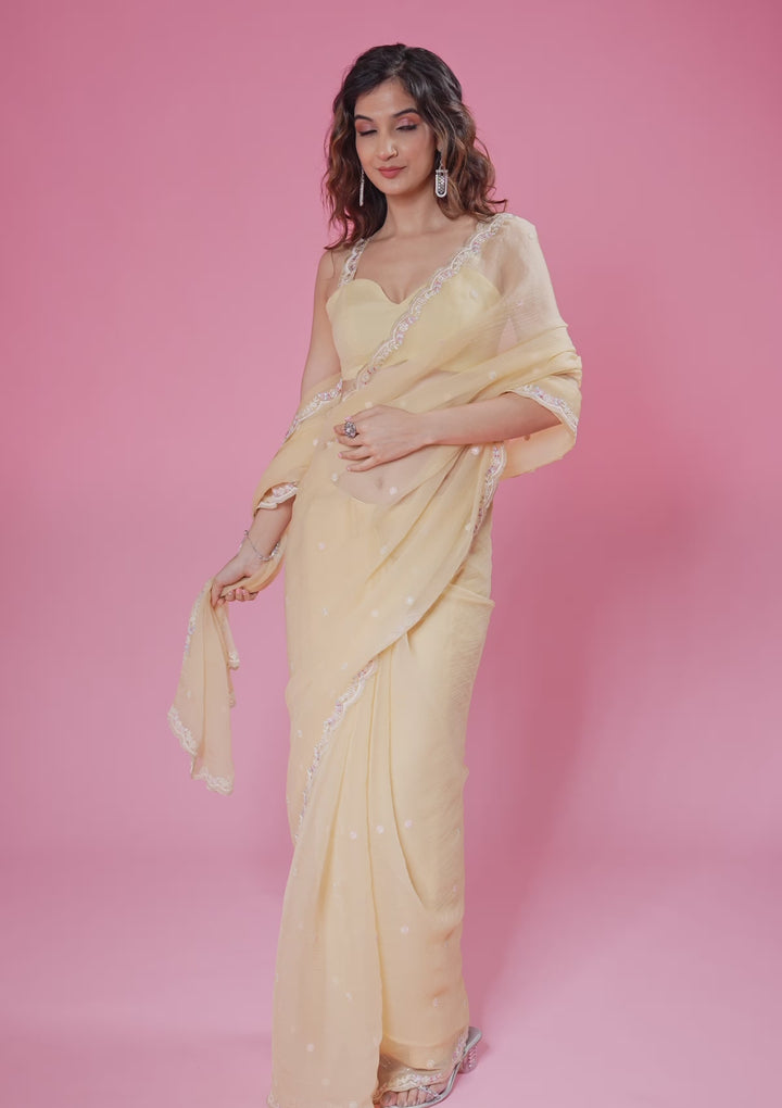 Lemon Yellow Threadwork Chiffon Saree