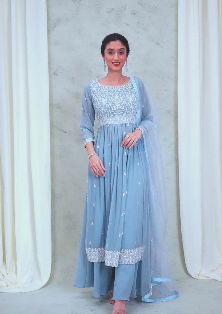 Blue Threadwork Georgette Readymade Salwar Suit