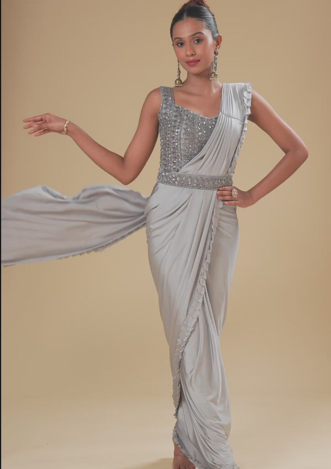 Light Grey Pearlwork Satin Readymade Saree