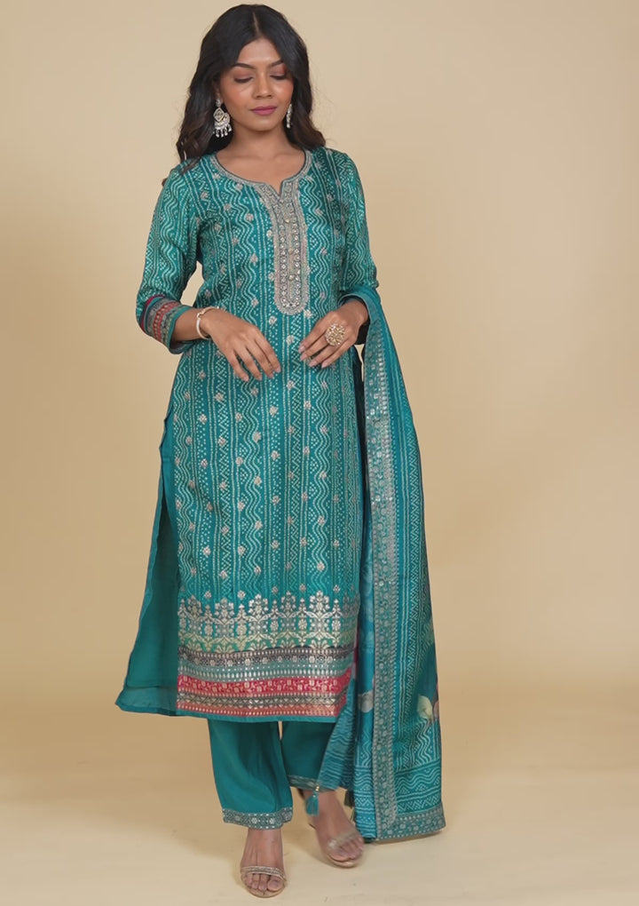 Peacock Blue Zariwork Semi Crepe Readymade Salwar Suit