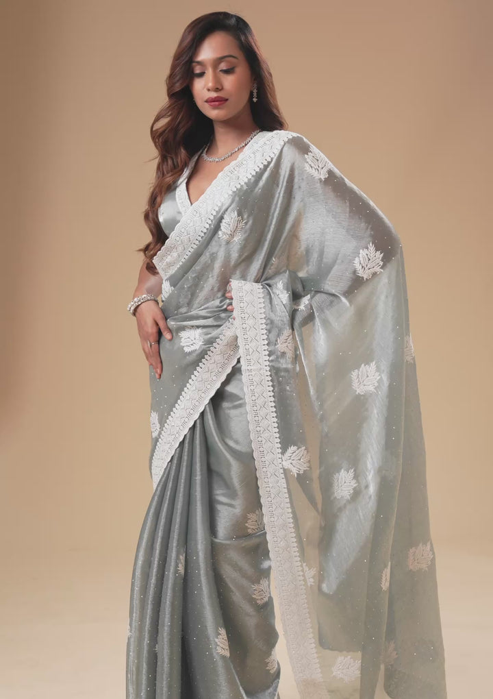 Grey Threadwork Satin Saree