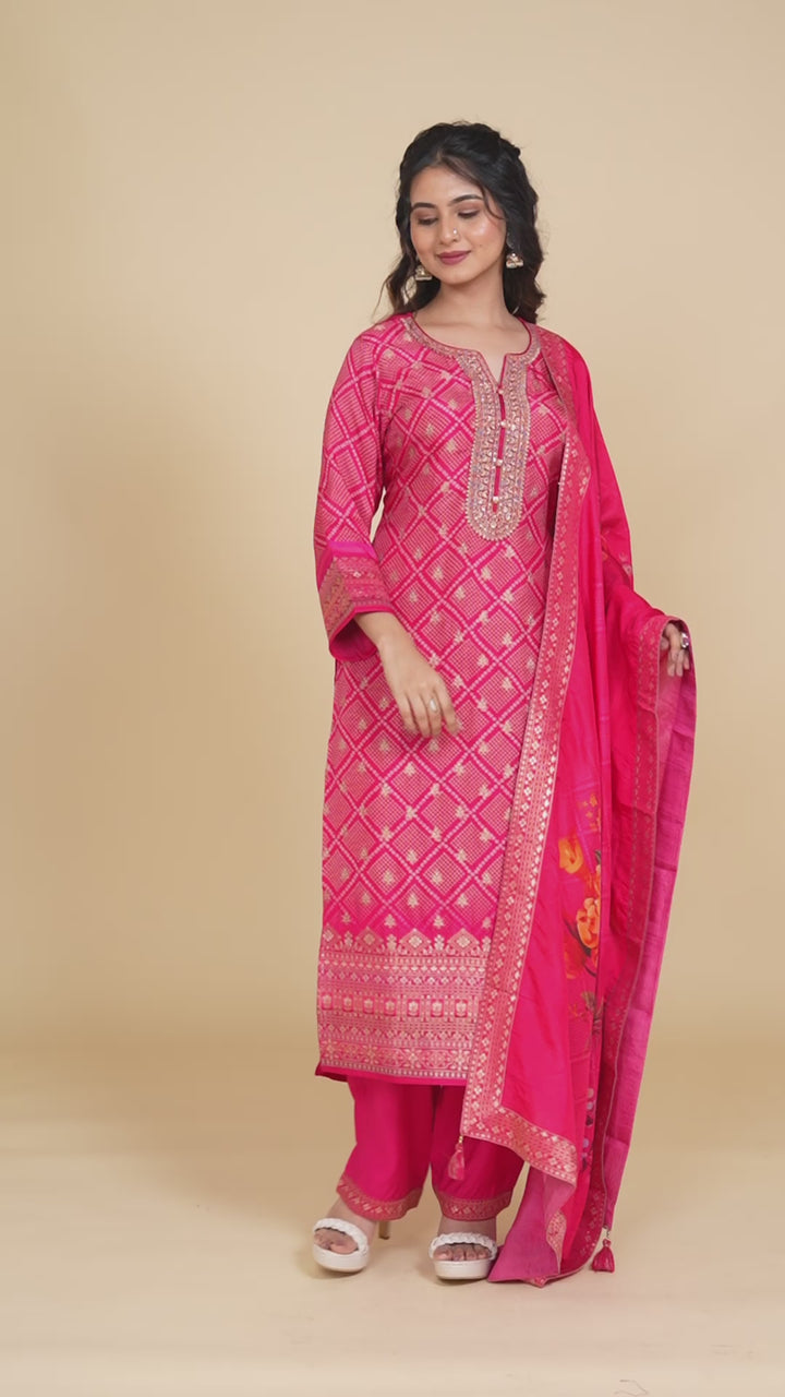 Rani Pink Zariwork Semi Crepe Readymade Salwar Suit