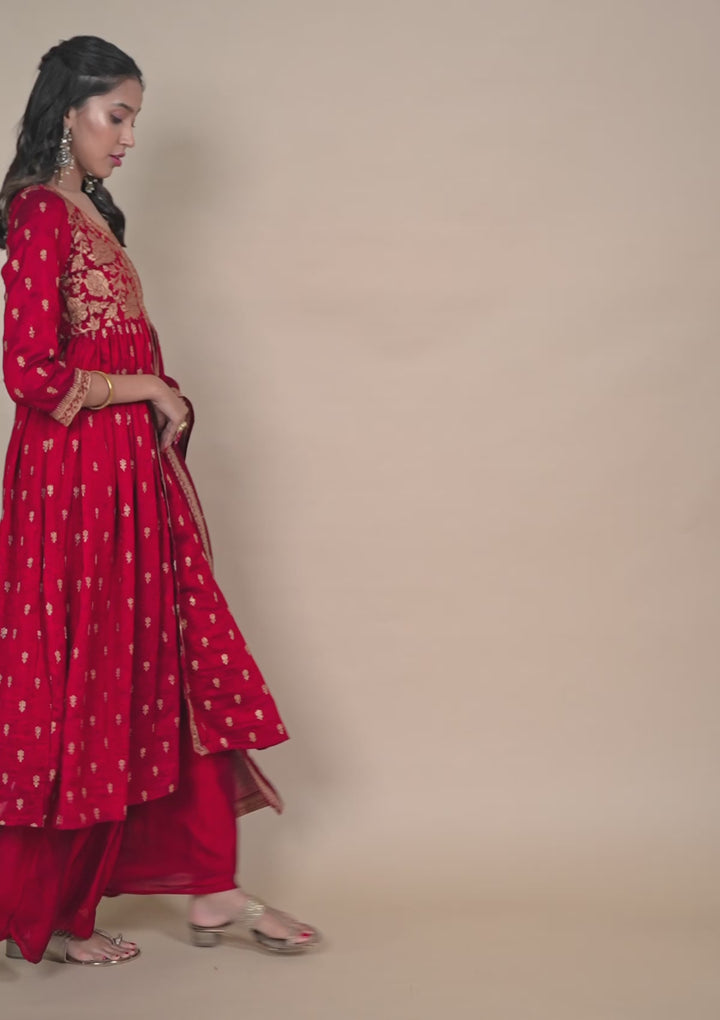 Maroon Zariwork Raw Silk Readymade Salwar Suit