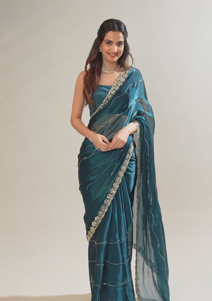 Peacock Blue Mirrorwork Tissue Saree
