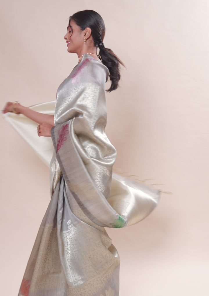 Grey Zariwork Soft Silk Saree