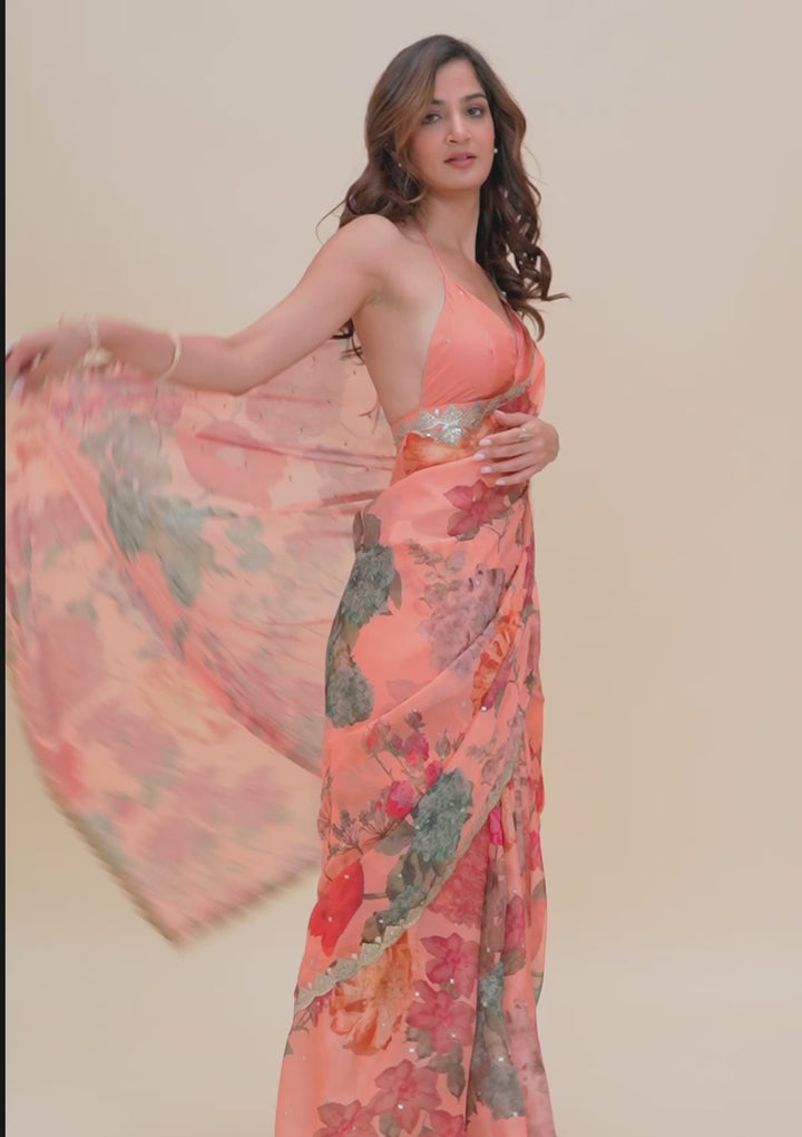 Peach Printed Organza Saree