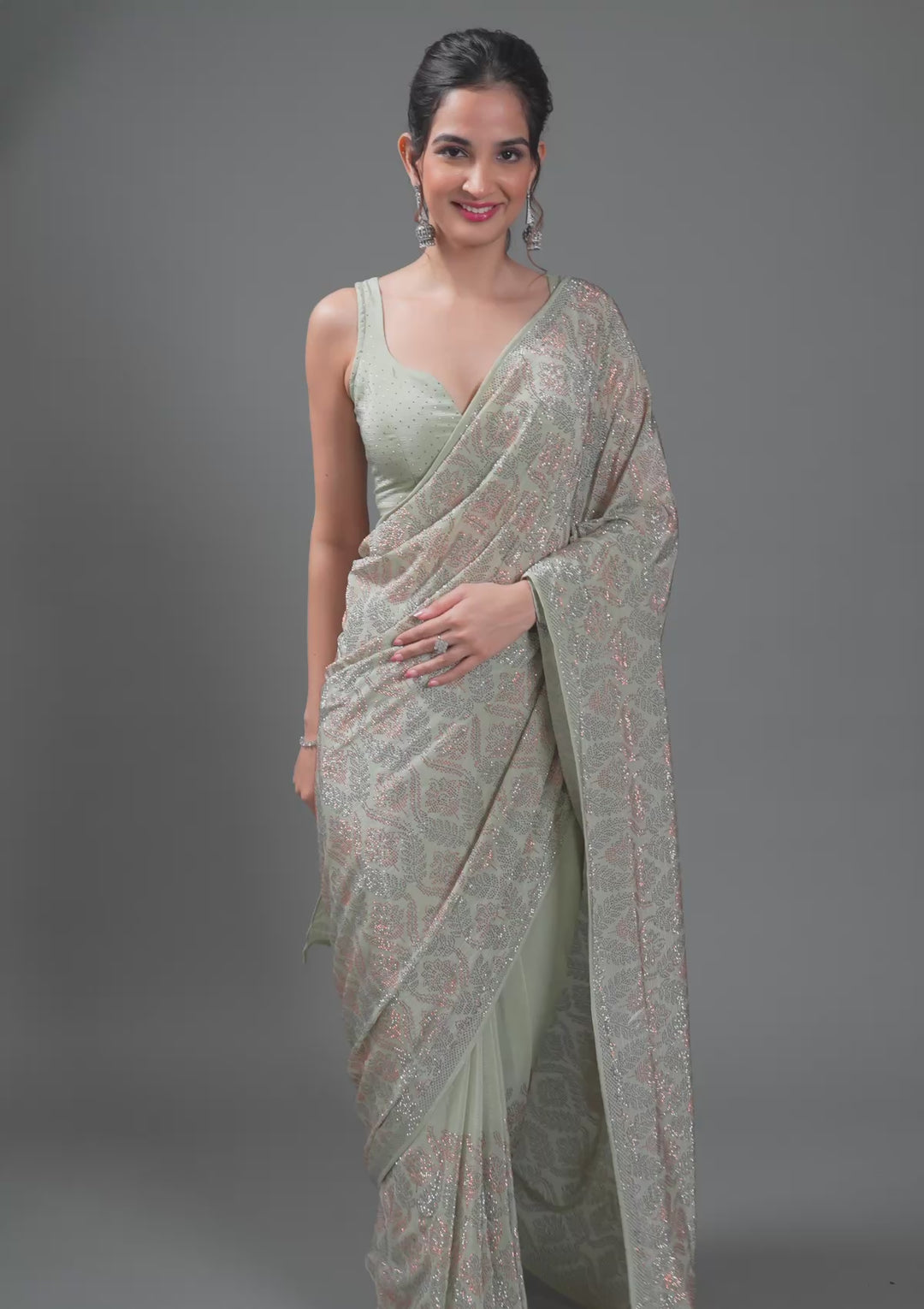 Pista Green Stonework Satin Saree
