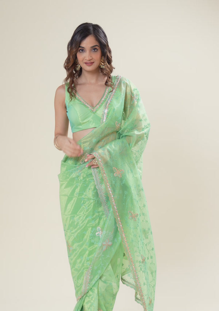 Sea Green Stonework Tissue Saree